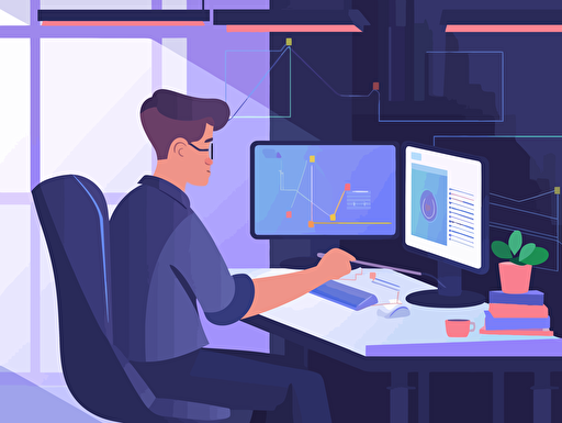 In the office of an internet company, a male software engineer is writing new code to improve the company's products and services,vector ,2d illustrator,