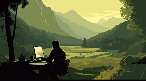 A lush valley with an olive-skinned man working on his computer in an outside office setting, there's a mountain range visible, it's daytime, and the feel of the image resonates with a web designer, vector art,