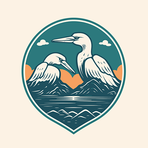 create a vector logo for a resort that has two albatross birds creating a heart with their peaks with some mountains in the background and the beach in front, use only one color and minimalist style