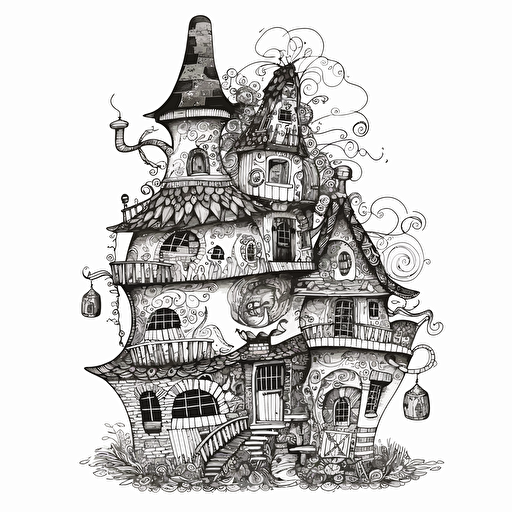 tall whimsical zentangle black and white medieval hobbit house, in flat 2d vector style, no perspective 4d91006c-2d9f-4a11-be13-7dac0aa6d6a6