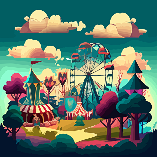 the scene is in a wooded area, vacant, shrubs, trees, bushes, roses, a hill in the background, a city landscape in the background, high clouds, broken carnival rides in the distant background, illustration, cartoon, vector