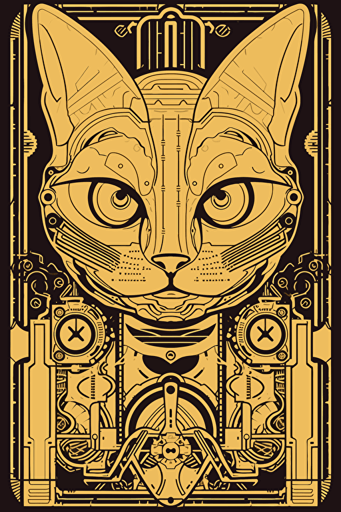 fritz lang metropolis movie female robot but as a cute cat, symmetrical, vector, simplified stream lined decopunk art deco design, 1920s retro scifi poster