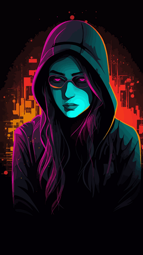 female hacker, black background, radiant vibrant colors, simple vector