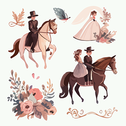 kwaii , storybook ,vector illustrations ,very cute wedding illustrations clipart set,beautiful newlyweds riding a horse, on a white background separate elements with a margin, watercolors , husband and wife on their wedding day riding a horse together , love