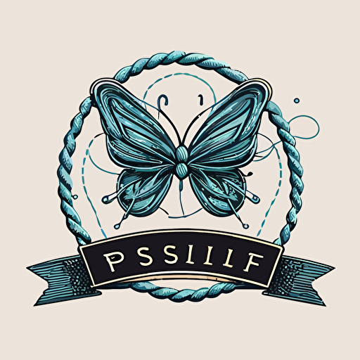 a logo design for a handmade bracelet workshop, called "Pulser Art" that features a 2D vector logo design, including spool of thread, a handmade bracelet and a blue butterfly, surrounded by a thin rope.
