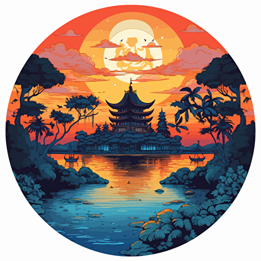 round up design with digital illustration of bali sunset beach, magic world inspired by Studio Ghibli, vector illustration, intricate details, unreal engine, extremely high detailing, sharp, white background