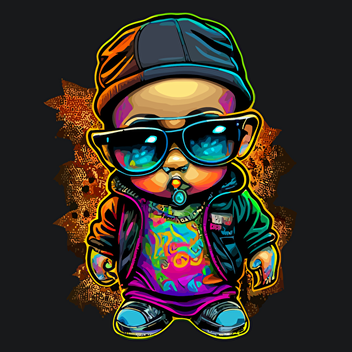 a very cute baby dressed as a cholo, wearing very big sunglasses ,vector, cartoon, graffiti neon colors
