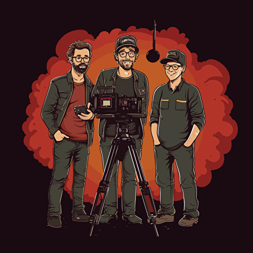 three guys making films. presentation style. vector style over black.
