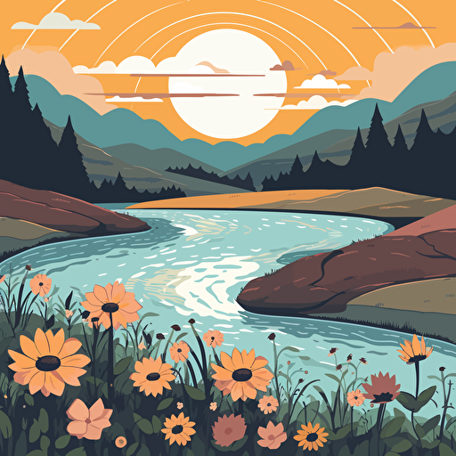 vector illustration of a peaceful river, flowers in front, trees along the bank, and the sun setting over mountains in the distance