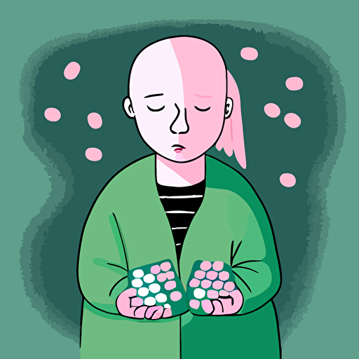 vector,pink,light green, bald girl,holding too many pills in hands,depressed,sad,crying