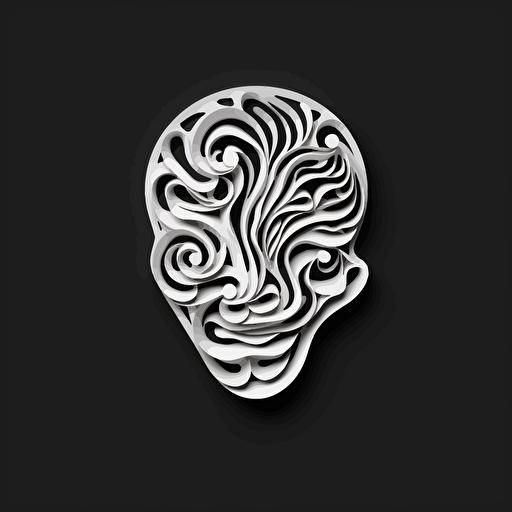 abstract iconic logo of a sculpted mind, white vector, on black backgroung