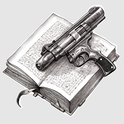 a book that is also a gun, 2d, clip art, vector, detailed, transparent background