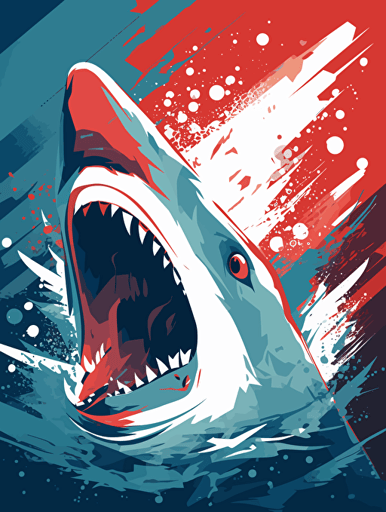 vector art of a shark roaring, red, white and turquoise lighting, 300 dpi,