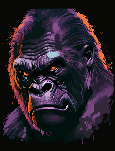 a vector drawing of an angry gorilla face with purple and orange highlights, 300 dpi