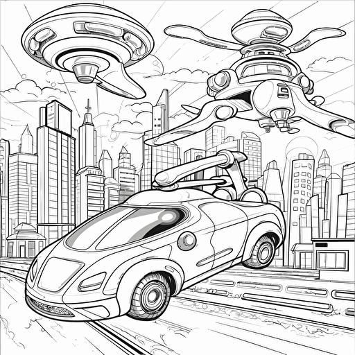 Futuristic City. Flying Cars. Cartoon. Coloring page. Vector. Simple.
