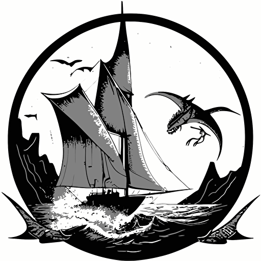 vector drawing of a pterodactyl attacking a sailboat, black and white, circular