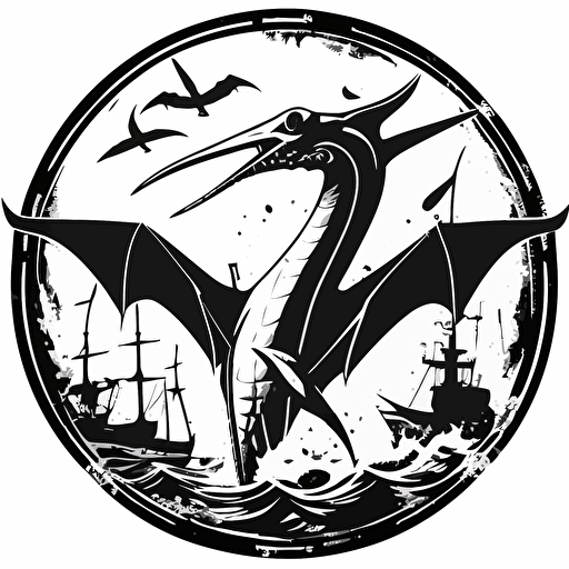 black and white vector drawing of a pterodactyl holding an anchor, logo, circular