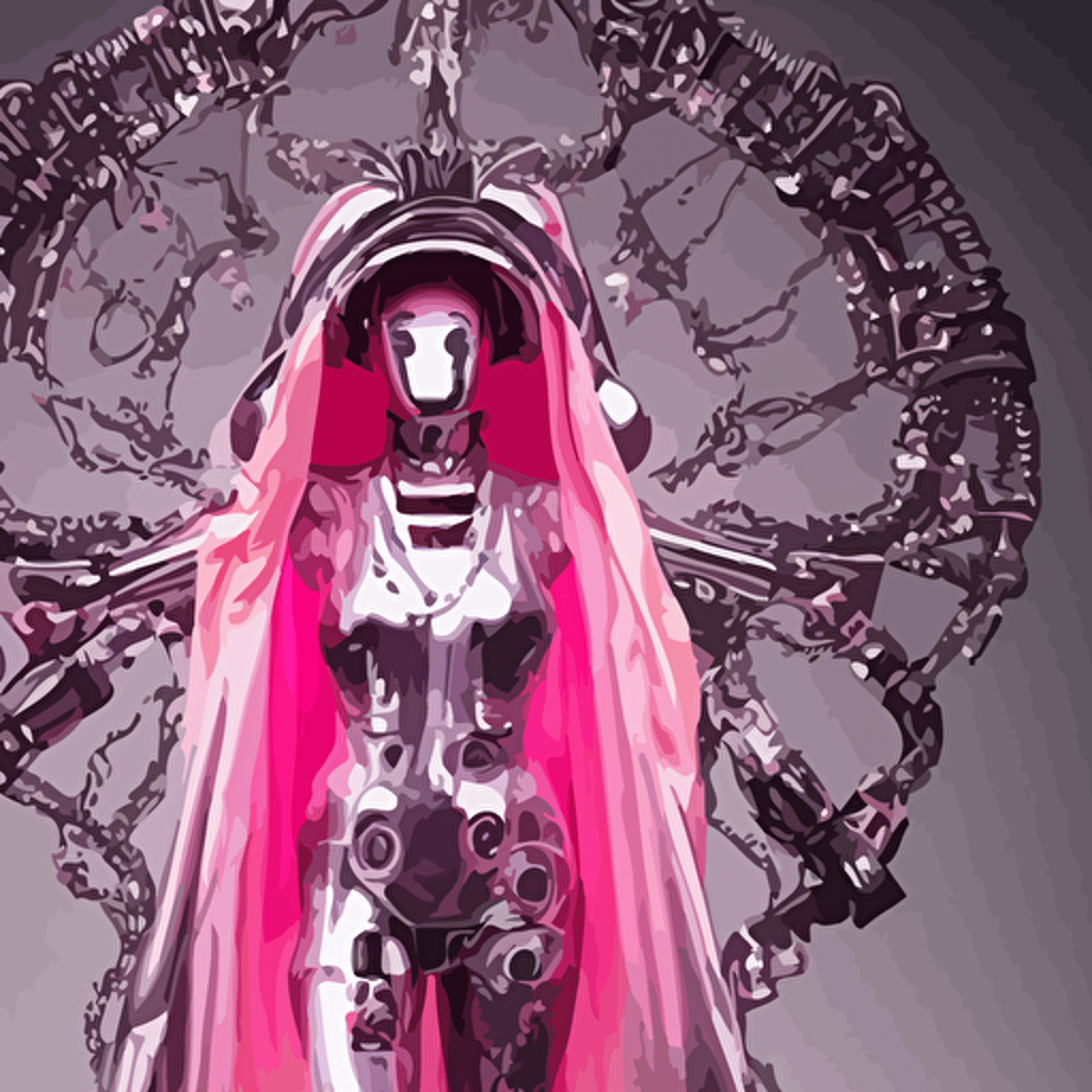 body baroque bladerunner style pink neon chrome statue beautiful pale priestess robot goddess humanoid wearing  silk kimono glowing peach face street hoody red steampunk lasers emeralds swirling silver silk fabric futuristic elements oozing glowing liquid length view space robots human skulls throne bones intricate artwork caravaggio trending artstation octane render cinematic lighting right hyper realism octane render 8k depth field 3d