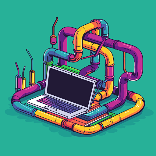 bright and colorful vector image showing a buch of pipes connected to a latop sitting on a desk