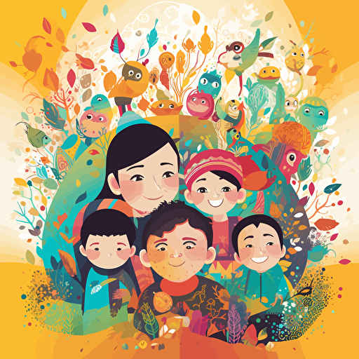 an illustration vector of two kids and their two parents doing yoga together :: kids are in the center of the illustration and the adults are on the sides :: adobe illustrator style, happy faces, colored with hex: 90caf9 and hex: ffb347, UHD