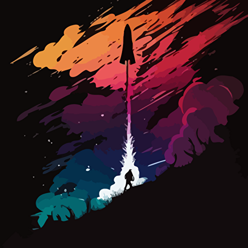 An illustration for colorbook featuring rockets launching into the galaxy, silhoutte, vector, do not use color.