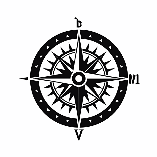 a simple Black on white logo of a compass inside of a circle, Flat vector logo