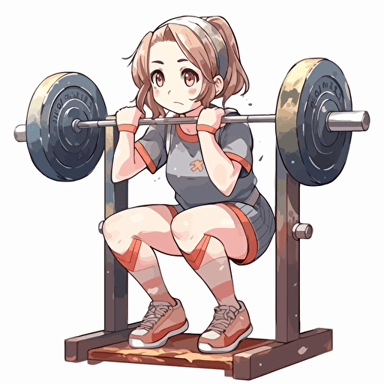 sweating anime girl wearing sbd gear doing squatting exercices, eight plate on bar, facial expression displayed a strained expression, three quarter shot, high intensity training, smart composition to centralize the scene and give a sens of depth to te picture, no background