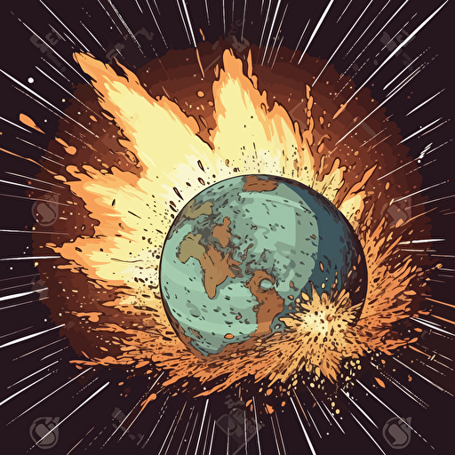 giant meteor collides with planet earth, hyper stylized, massive space disaster, vector art
