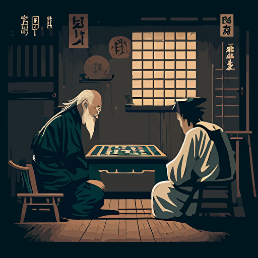 Based on the popular Japanese game of Go, design a vector illustration of Satoshi Nakamoto engaging in a strategic game of Go with a wise elder in a traditional Japanese room. Set the scene during a quiet and focused afternoon.