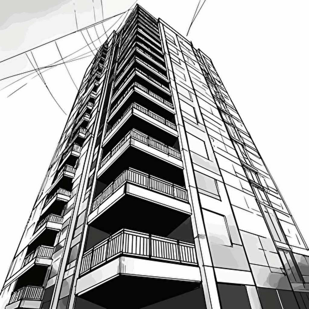 high rise building, 2d vector art, black and white
