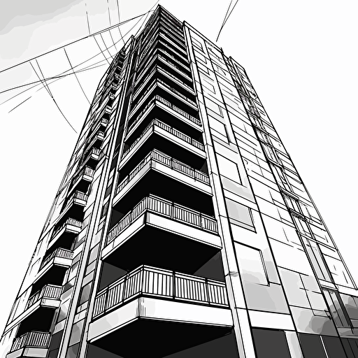 high rise building, 2d vector art, black and white
