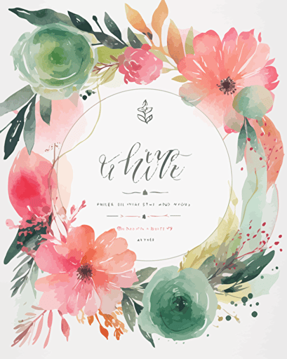 sober wedding invitation, with a littlee circle of stylized flowers, spring style, logos vector style, aquarellestyle