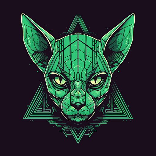 Logo, Menacing, Alien Mecha Cat, Sphynx, Diamond Skin, Green Eyes, Big Ears, Triangle Base, Vector Style,