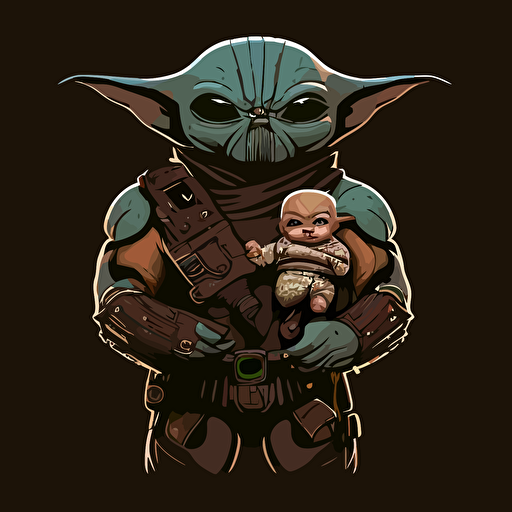 The Mandalorian as a bodybuilder holding Baby Yoda as a vector image