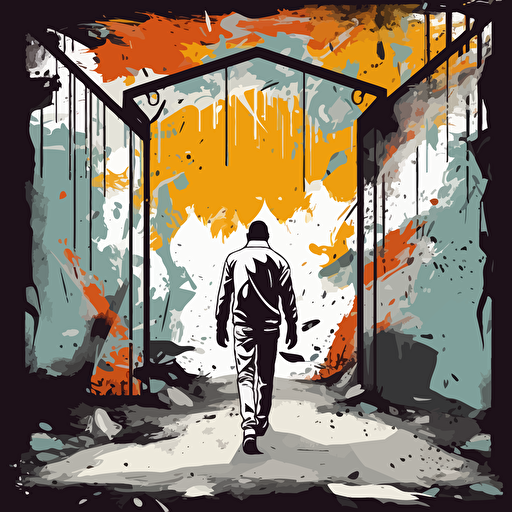 a vector image of a man peacefully leaving prison, graffiti style