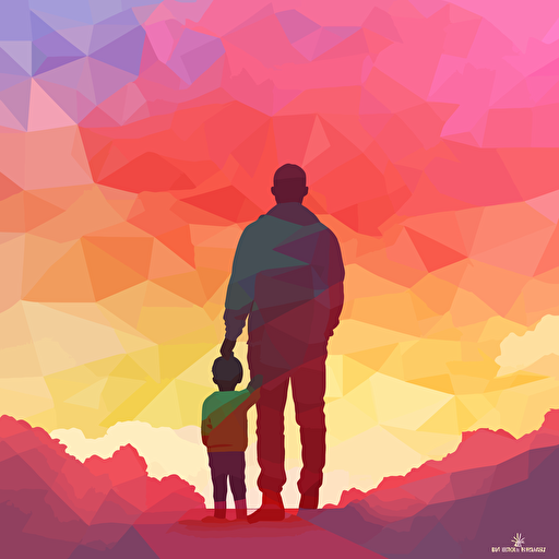 a kids album cover, vector art, silouhette, a young child sitting on top on their dad's shoulders, as they look at the sunset. perspective from the back, fun polygonal shapes in the background and pantone pastel colors, kid friendly vibes