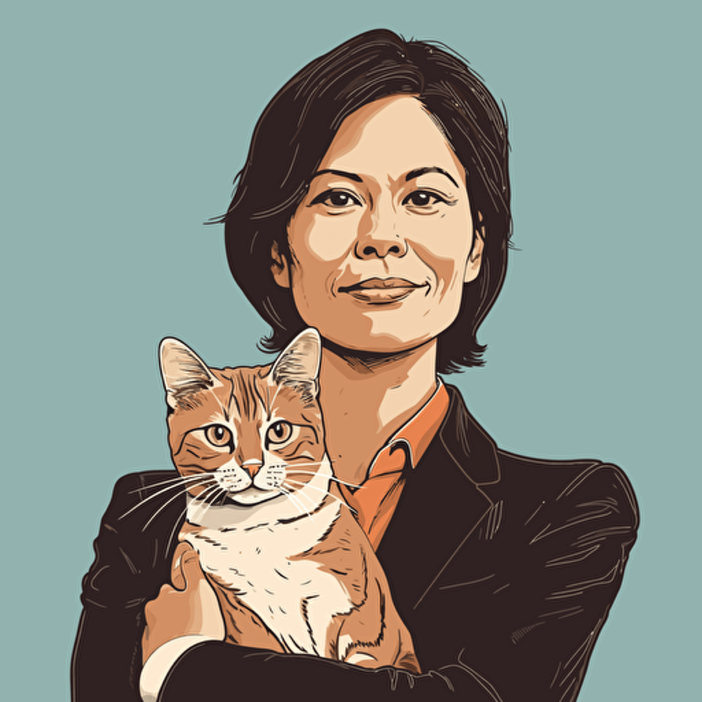 vector art style, 58 year old asian female executive, holding a cat, in the style of Micheal Parks