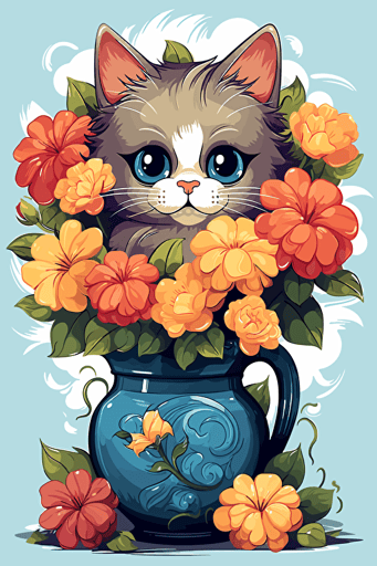 colorful svg vector drawing of a beautiful cat near a vase full of flowers