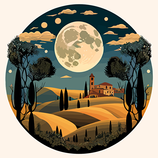 full moon over Tuscan style countryside view formed only by italian renaissance patterns in vector art style