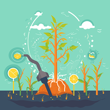 a cheerful professional scientific vector image showing corn plants roots with a magnifying glass showing soil microbes and DNA