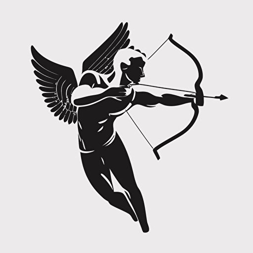 simple vector of cupid flying and shooting arrow, en profil, black on white background