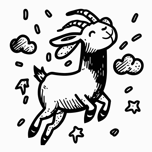 vector style cartoon black and white miniature goat, transparent background, happy, fun, whimsical