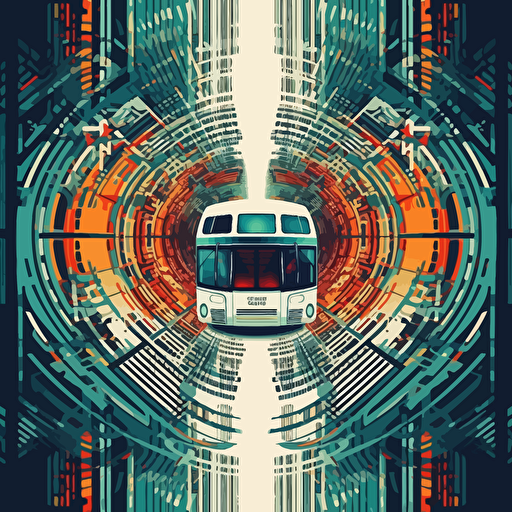 a rotationally symmetric design in a vector style using only 4 colours featuring a bus driving through a city, tightly bunched together in an exaggerated way