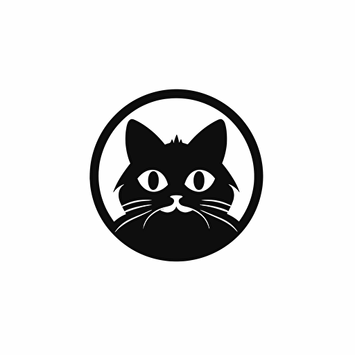 cat logo black and white, very introverted, circle, simple vector, illustrator, white background, full HD
