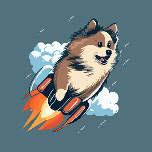 grey and brown, keeshond dog flying on top of a rocket, simple vector art, cartoon style, Adobe Illustrator style art ::