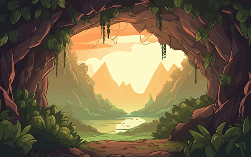 Looking out from the edge of a tropical cave, filled partially with vines and vegetation, looking out into a vast landscape of lush jungle trees covered in vines and leaves with mountain peaks in background with the sun shining through the clouds high quality cartoon style warm lighting early morning vibe vibrant dramatic lighting vector illustration