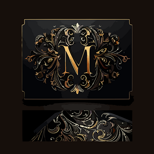 business card logo with ghotic letter M, black background, dark ornamental style, vector, ultra definition