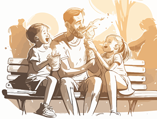 A single father with his son and daughter, sharing a joyful moment at the playground. They are all sitting on a bench, eating ice cream and laughing together. The sun shines brightly behind them, signifying the warmth of their love. soft warm lighting, sketch illustration, vector art