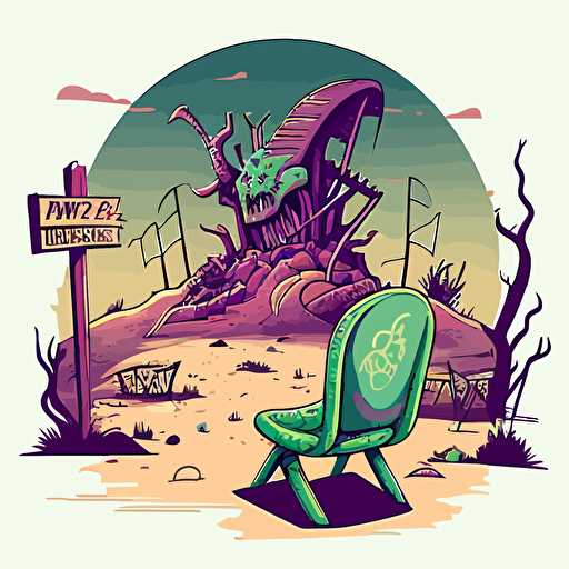 a chair facing front in the middle of the scene, in a vacant camp site, in the woods, abandoned, large hill/mound in background, abandoned, large broken signage, shrubs, trees, bushes, roses, with a city landscape in the background, broken carnival rides, a demon spirit looking over the broken signage, vector logo, vector art, cartoon, ellis art style