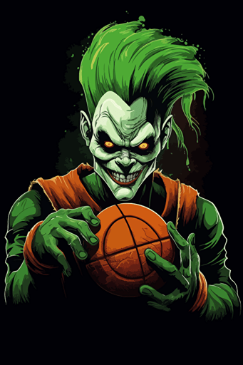 scary clown with green hair holding a basketball, dark background, vector style,